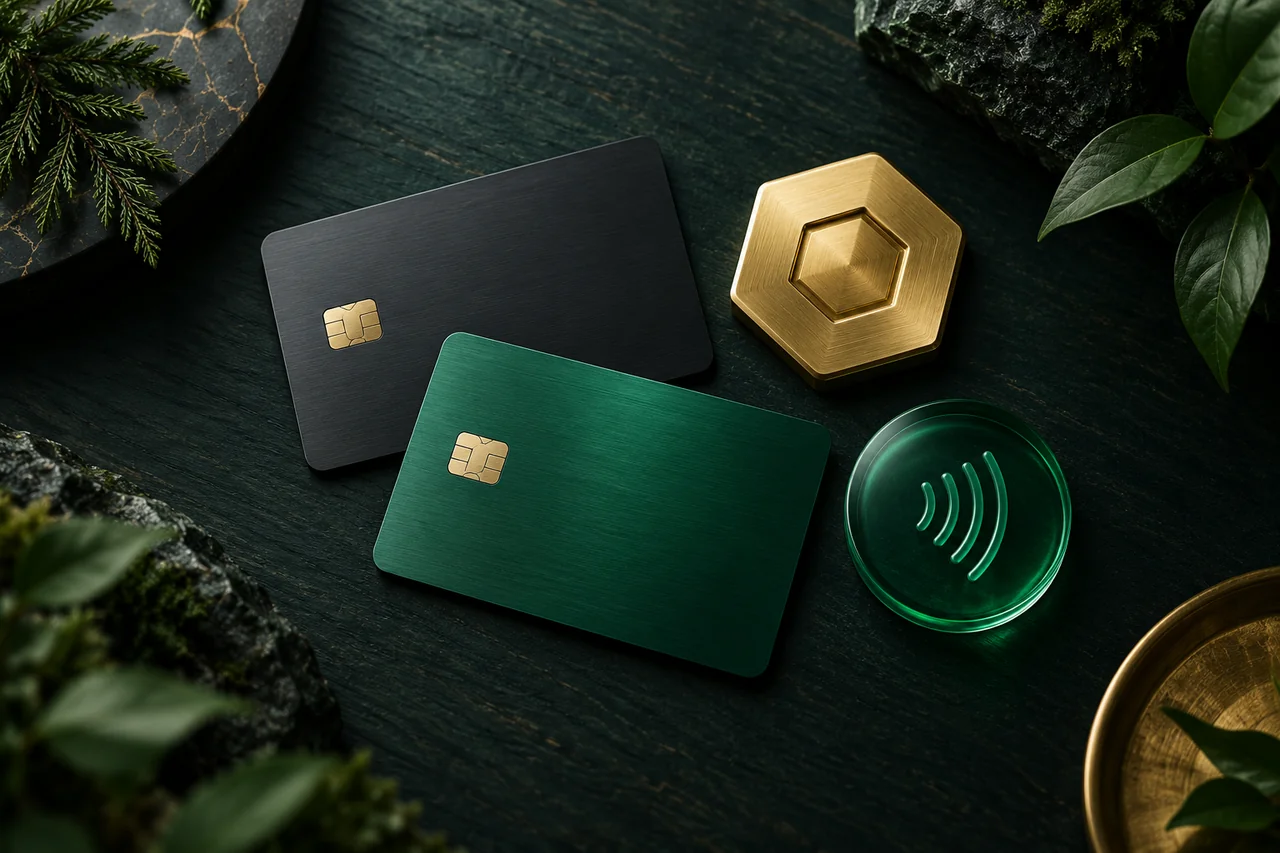Betaalkaarten, een zeshoekige cryptomunt en een contactloze schijf op een donker oppervlak.