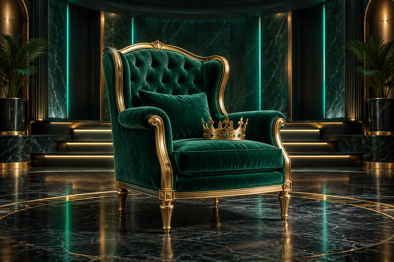 Smaragdgroene fluwelen stoel met een gouden kroon op de zitting