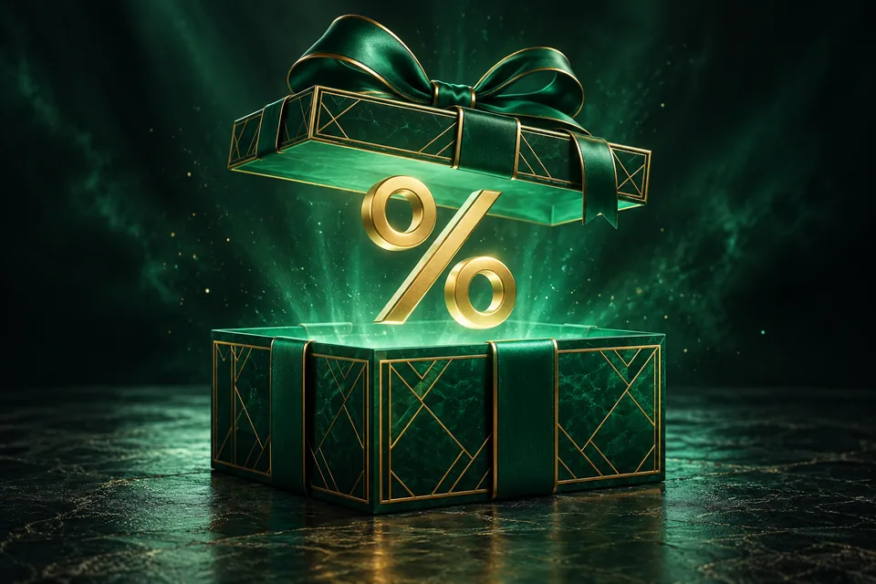 Groene geschenkdoos met een zwevend gouden procentteken