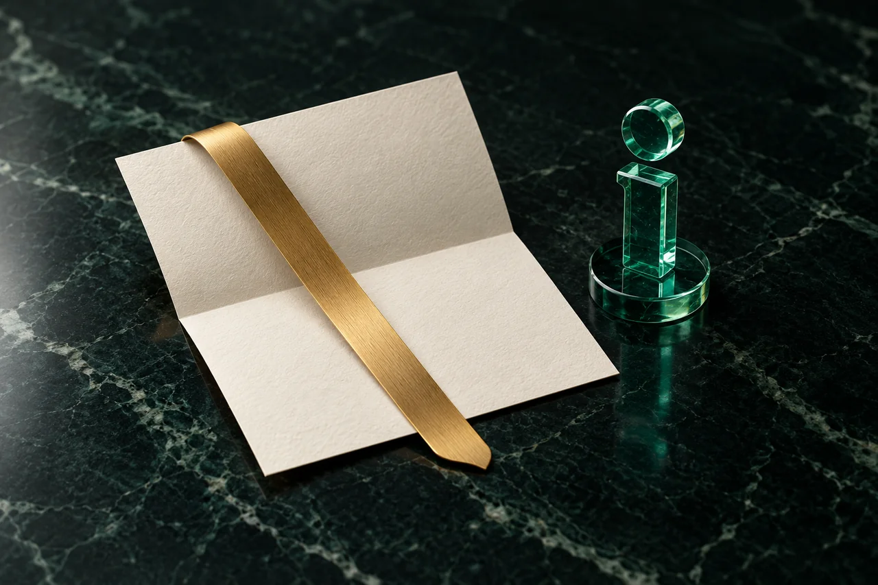 Gouden bladwijzer op een blanco document naast een groen informatiesymbool.
