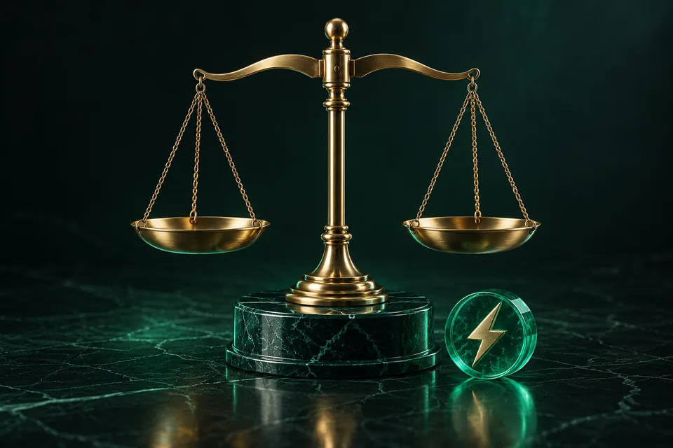 Gouden weegschaal op groen marmer naast een transparant bliksemsymbool.