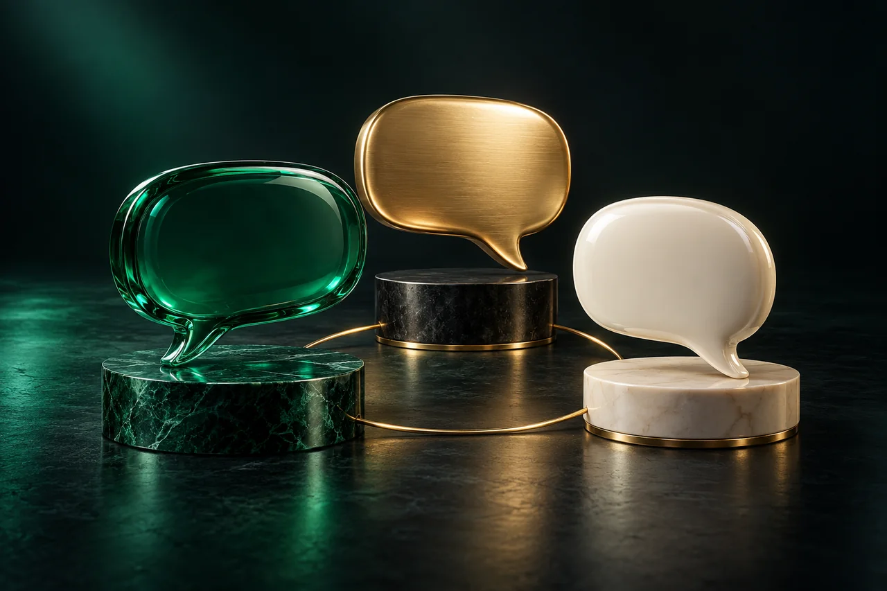 Drie lege spreekballonnen van groen glas, goud en ivoorkleurig keramiek.