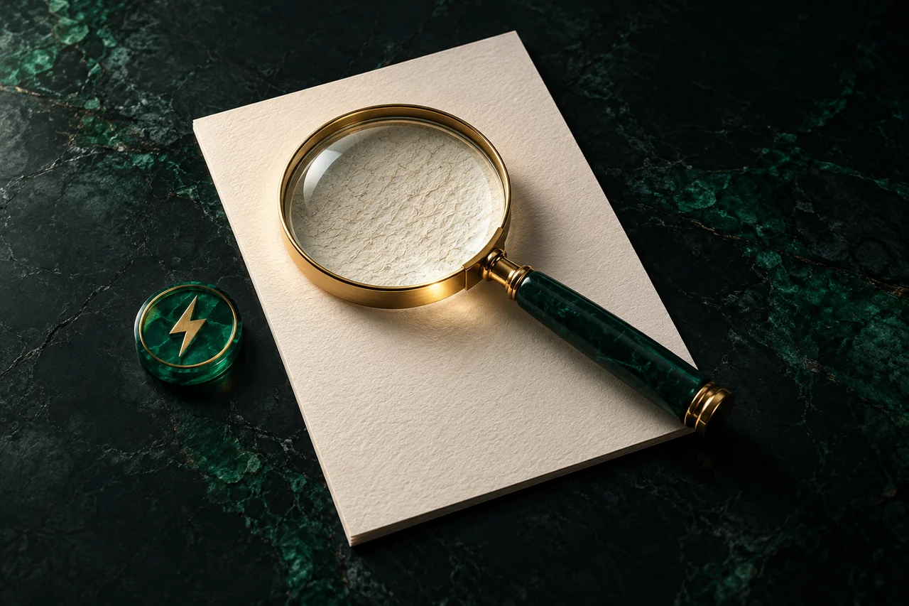 Gouden vergrootglas op een blanco document naast een groen bliksemsymbool.