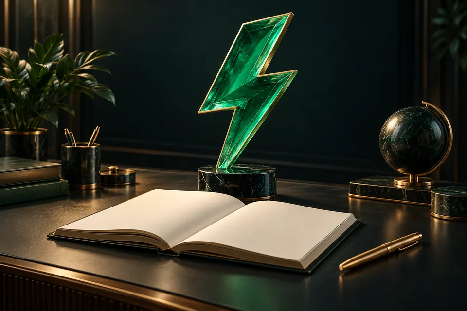 Groene bliksemsculptuur boven een open blanco boek op een redactioneel bureau.