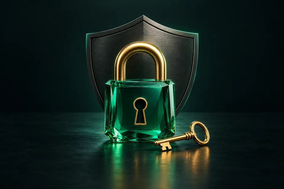 Gesloten groen hangslot voor een donker schild met een gouden sleutel.