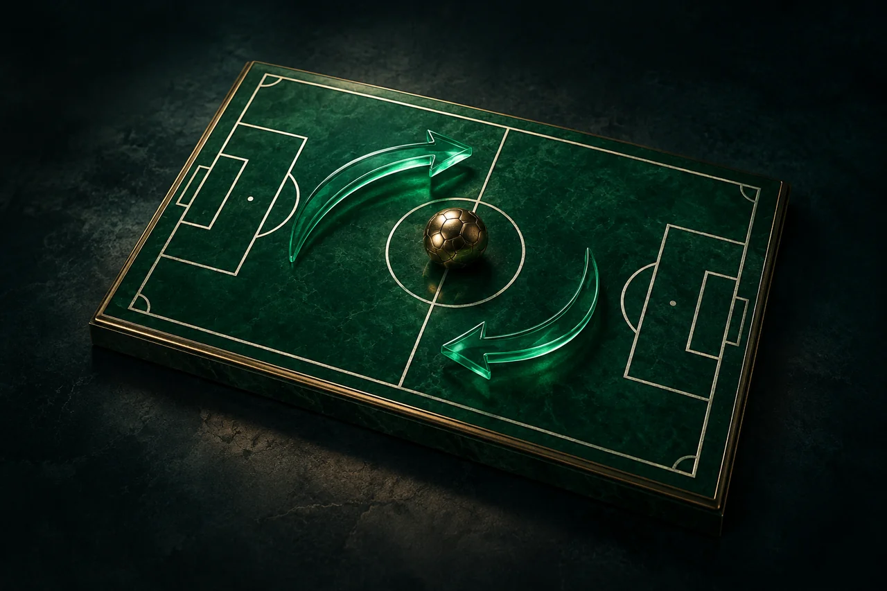 Een miniatuurvoetbalveld met tactische pijlen en een bronzen bal.