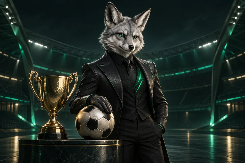 Een zilvergrijze vos als sportanalist naast een voetbal en een gouden trofee in een donker stadion.
