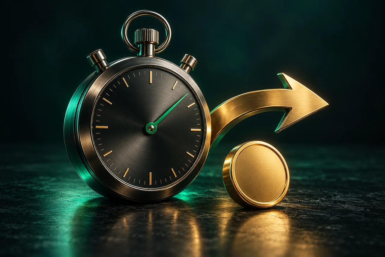 Een mechanische stopwatch naast een gouden pijl en een enkele munt, als illustratie van verwerkingstijd.