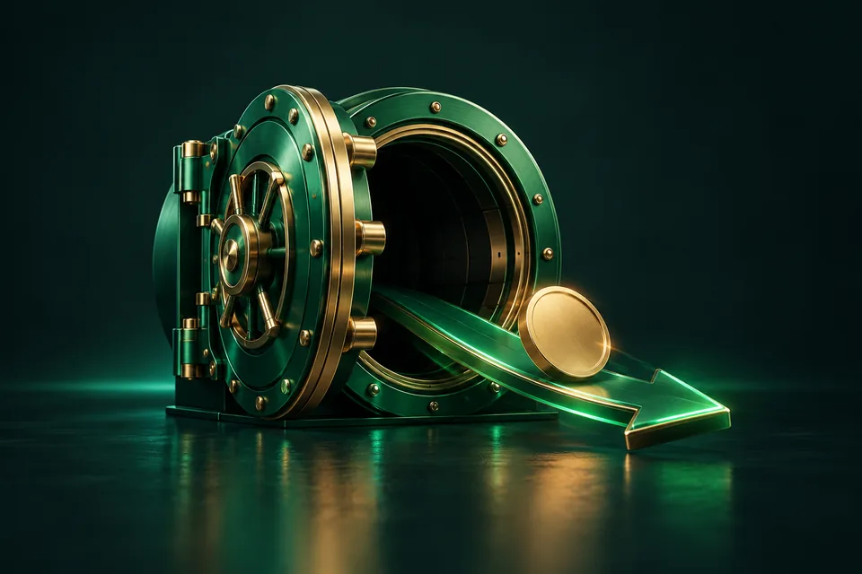Een geopende smaragdgroene kluis met een gouden munt en een uitgaande pijl.